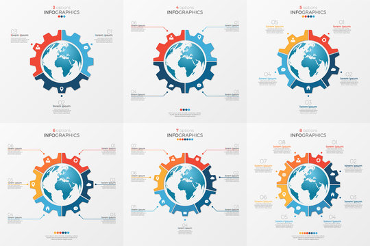 Set of gear wheel style chart template with globe inside