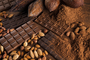 Chocolate sweet, cocoa pod and food dessert background