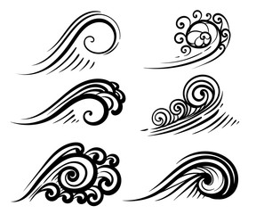 Wave collection Ocean or sea waves, surf and splashes set curling Water Design Elements vector illustration isolated on white