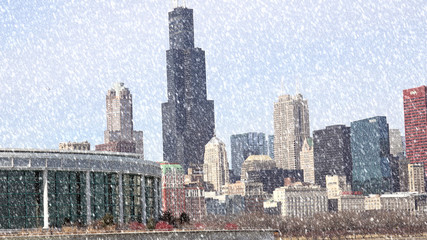 Chicago, Illinois skyline seen from the shores of Lake Michigan in late winter