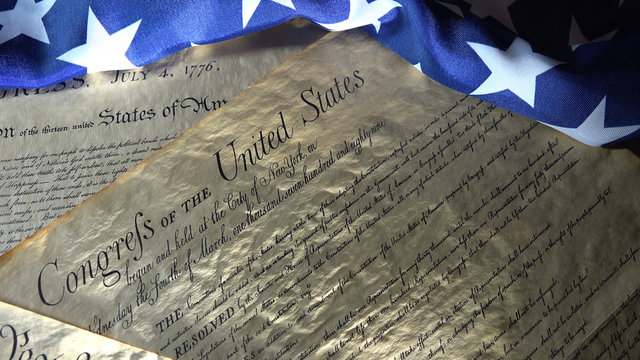 United States Bill of Rights Preamble to the Constitution and American Flag