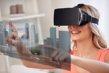 woman in virtual reality headset with city