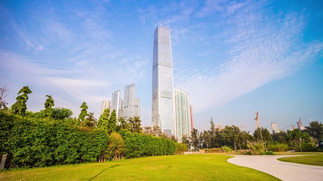hong kong kowloon island famous icc tower park day panorama 4k time lapse china
