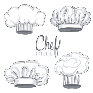 set of hand drawn chef hat on white. vector illustration