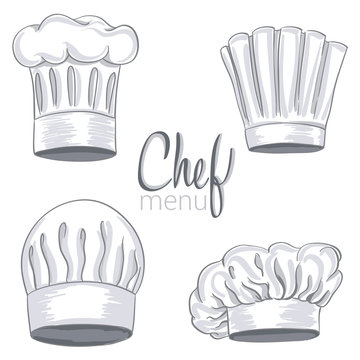 Set of hand drawn chef hat on white. Cooking caps drawings isolated on white background. vector illustration