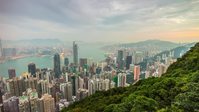 cloudy sunset hong kong city kowloon island peak water traffic panorama 4k time lapse china
