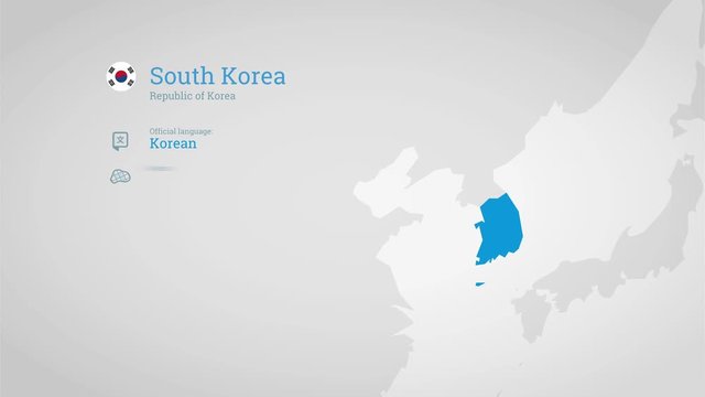 Animated infographics map with country's flag and profile. Republic of Korea