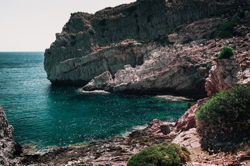 Beautiful coastline of Mediterranean sea near Vernazza town in Liguria, Italy