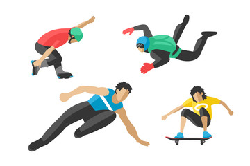 Fototapeta na wymiar Vector drawing jumping extremesilhouettes illustration life skateboard set speed skydiver skateboarder roller skate wakeboard surfing flyboard