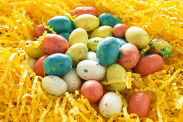 Fototapeta na wymiar Candy Easter Eggs in Bright Yellow Grass