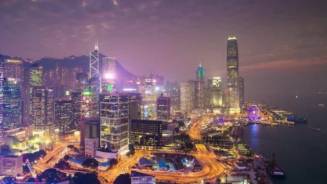 sunset twilight hong kong city famous bay rooftop panorama 4k time lapse china

