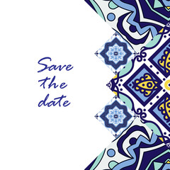Vintage Banner for business and invitation  card.  Portuguese tiles azulejo. Template with decorative tiles ornamental element. For  postcard, brochure, advertising,  bookmark, leaflet. Vector.