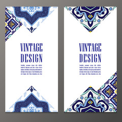 Vintage Banner for business and invitation  card.  Portuguese tiles azulejo. Template with decorative tiles ornamental element. For  postcard, brochure, advertising,  bookmark, leaflet. Vector. - obrazy, fototapety, plakaty