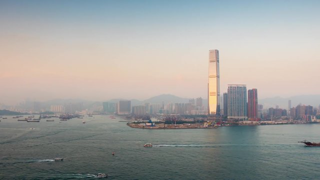 hong kong sunset kowloon bay harbor rooftop panorama 4k time lapse china
