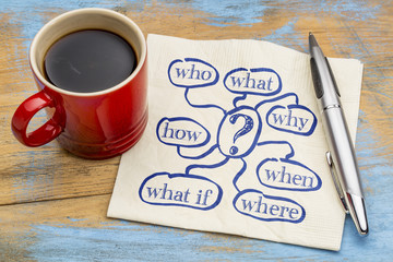 brainstorming question on napkin with coffee