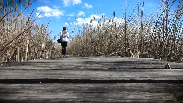 A woman in gray raincoat walks away from the camera on the wooden footbridge over a swamp surrounded by reeds, white clouds on a blue sky