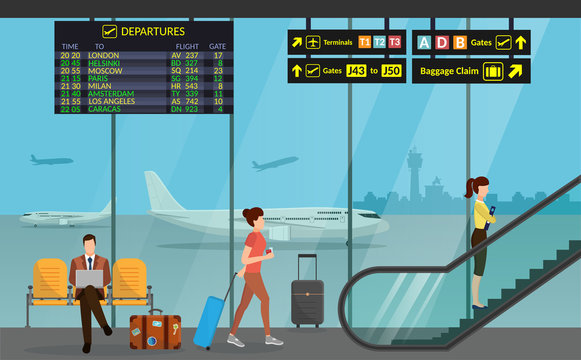 Airport passenger terminal and waiting room. International arrival departures background vector illustration airplane infographic