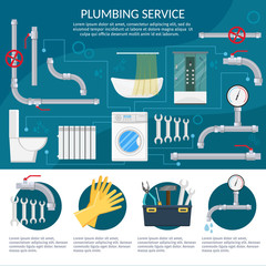 Plumbing Service repairing Installation and pipe flat labels Tools and Device infographics with isolated vector illustration