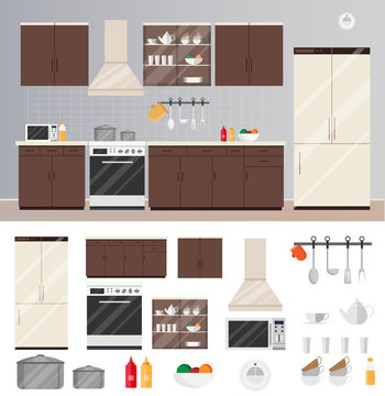 Kitchen interior flat style vector modern of Illustration set