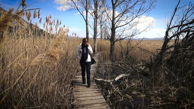 A woman in gray raincoat approaches the camera walking on the wooden footbridge over a swamp surrounded by reeds talking on the cell phone, white clouds on a blue sky