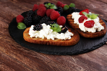 Bread with cheese cream and blackberries and raspberries for lunch table. Sharing antipasti on party or summer picnic time over wooden rustic background.