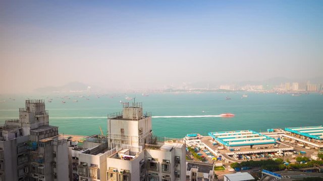 summer day roof top hong kong city bay building harbour panorama 4k time lapse china
