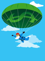 Happy senior skydiving using a financial parachute, EPS 8 vector illustration