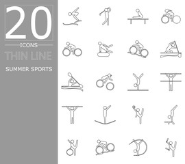 eps 10 vector set of summer sport icons. Thin line sport signs collection. Indoor and outdoor activities, single and team sport included. Graphic illustration clip art for design, mobile, web, print