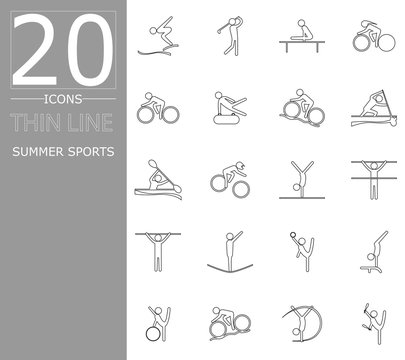 eps 10 vector set of summer sport icons. Thin line sport signs collection. Indoor and outdoor activities, single and team sport included. Graphic illustration clip art for design, mobile, web, print