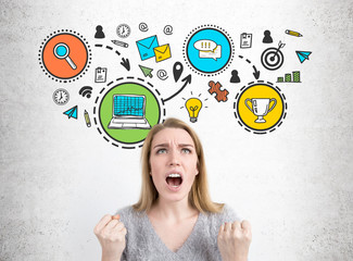 Stressed blond woman and a trophy sketch