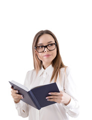 Smiling woman in glasses reading a book, isolated