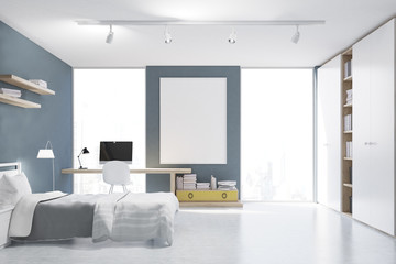 Gray walled bedroom with study corner, front