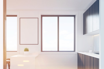 Dark wood kitchen interior, side view, toned