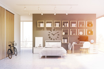 Studio apartment with bed, clock, gray, toned