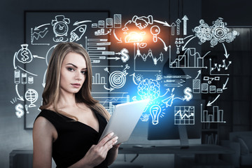 Woman with tablet in an office, sketch