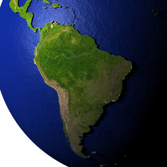 South America on model of Earth with embossed land