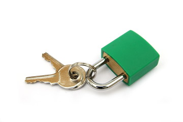 Green padlock, locked, with two keys on white background