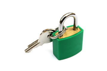Green padlock, locked, with two keys on white background