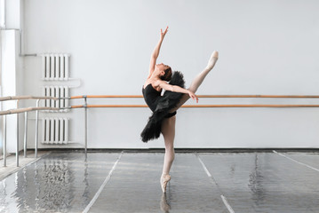 Fototapeta premium Skill ballet dancer shows stretching in class