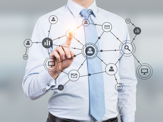 Close up of man in blue and a network