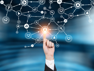 Glowing man finger and a network, blue