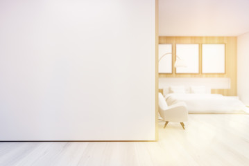 Naklejka na ściany i meble Bedroom with poster gallery and white wall, toned