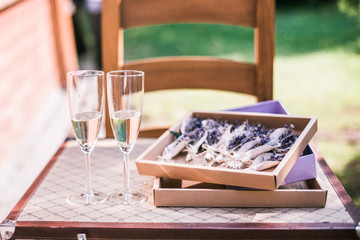 wedding accessories in lavender style and color.