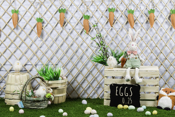 Easter indoor background with eggs and bunny