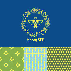 Logo with insect. Badge Bee for corporate identity, packaging luxury brand, eco-cosmetic, soap, medical product and honey. Trend style thin line. Texture for wrapping, textiles, surface design