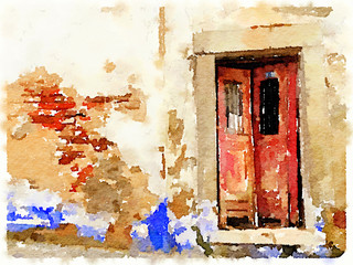 Digital watercolor painting of a red derelict double front door with a brick and plastered wall that is peeling and falling apart in Lisbon, Portugal. With wall space for text. - 139285499