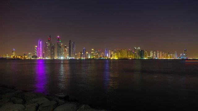 night illumination palm jumeirah famous dubai marina bay panorama 4k time lapse uae
