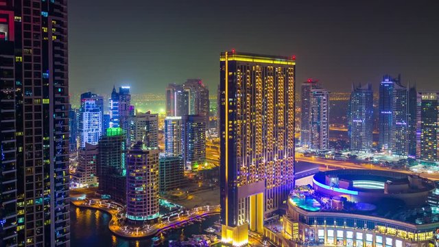 night light famous dubai marina hotel mall rooftop panorama 4k time lapse uae
