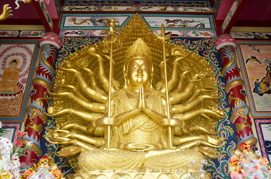 Guanyin bodhisattva and Thousand Hands statue in Chinese shrine for people and visit and pray at Wat Muang