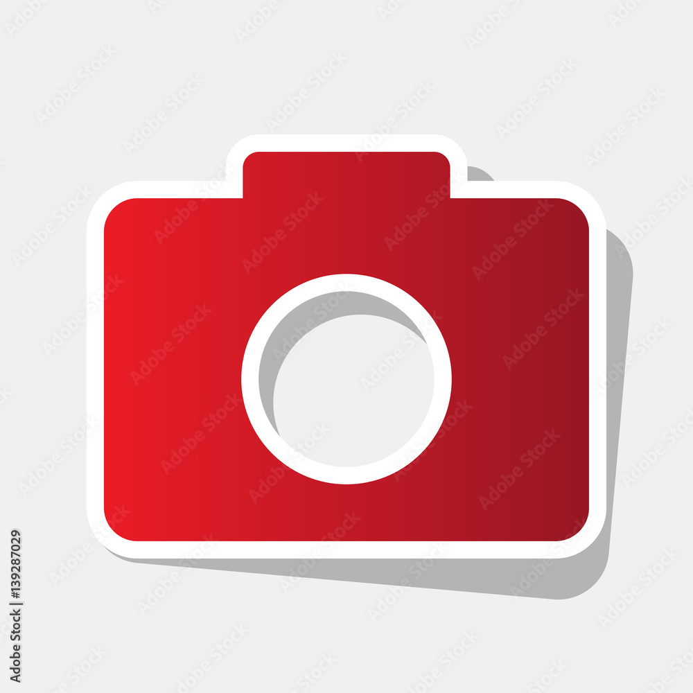 Poster digital camera sign. vector. new year reddish icon with outside stroke and gray shadow on light gray